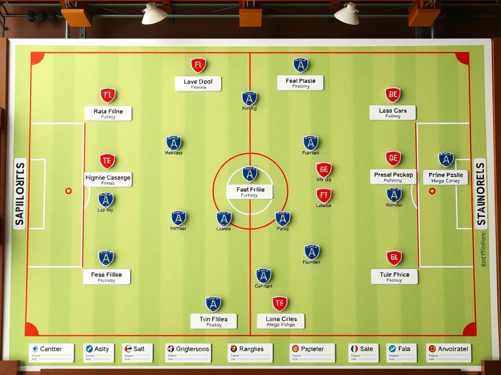 Detailed tactical board displaying football strategies and player positioning, photorealistic, natural lighting