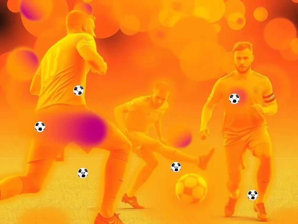 Visual representation of football heat maps showing player positions and movement dynamics, photorealistic, vibrant colors