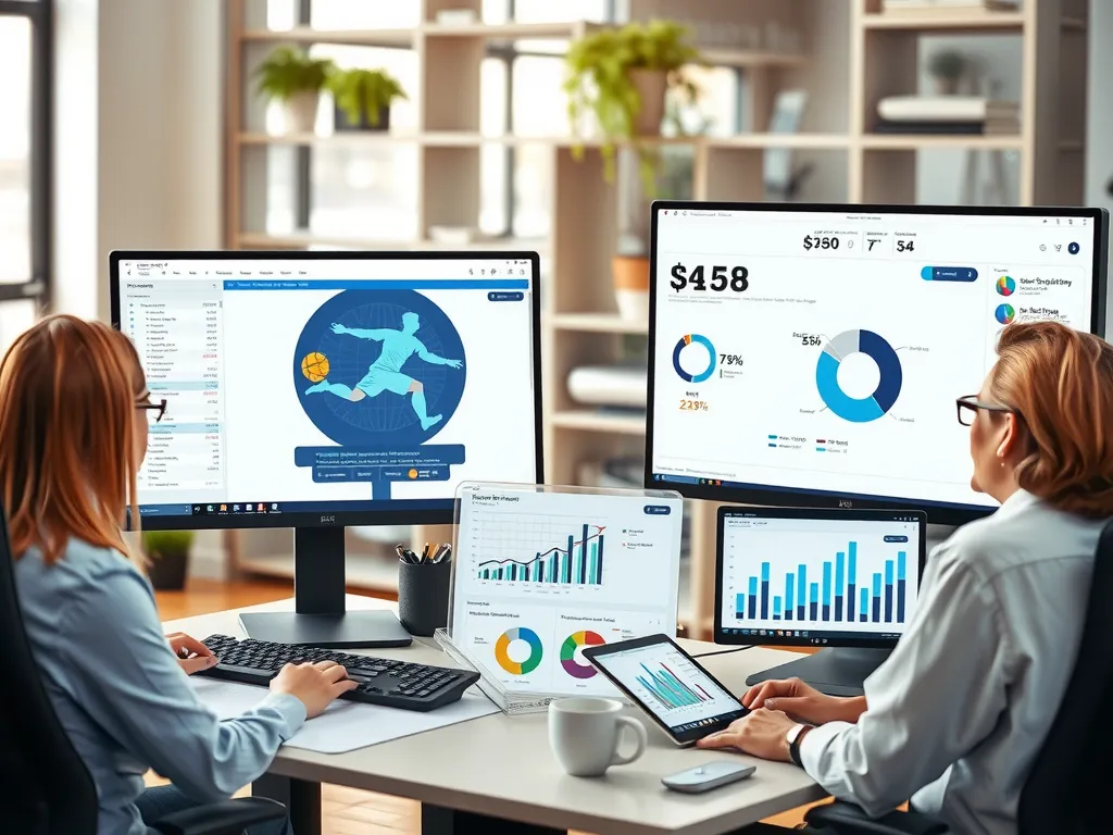 Financial advisors analyzing sports club budgets on computer screens, professional setting, modern office, photorealistic