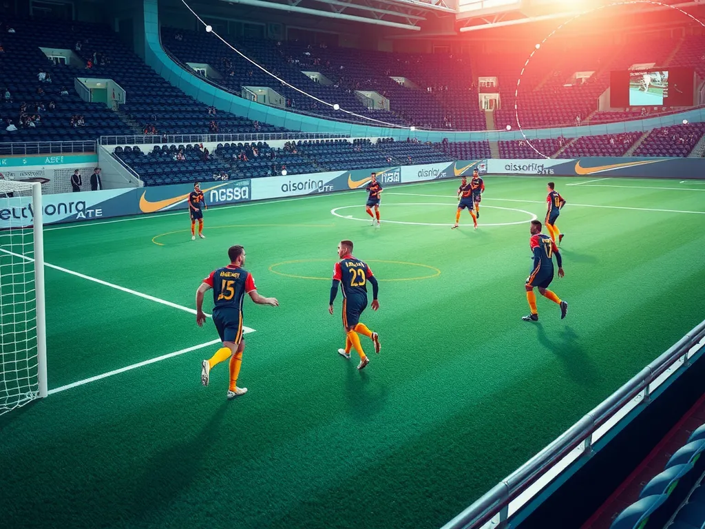 Advanced system tracking player movements in sports field, detailed, futuristic analytics visualization