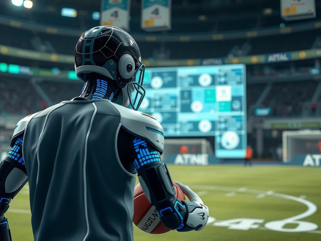 AI technology integrating into sports analytics, with a focus on enhancing football and basketball strategies, using predictive models and real-time data analysis, photorealistic, high-quality