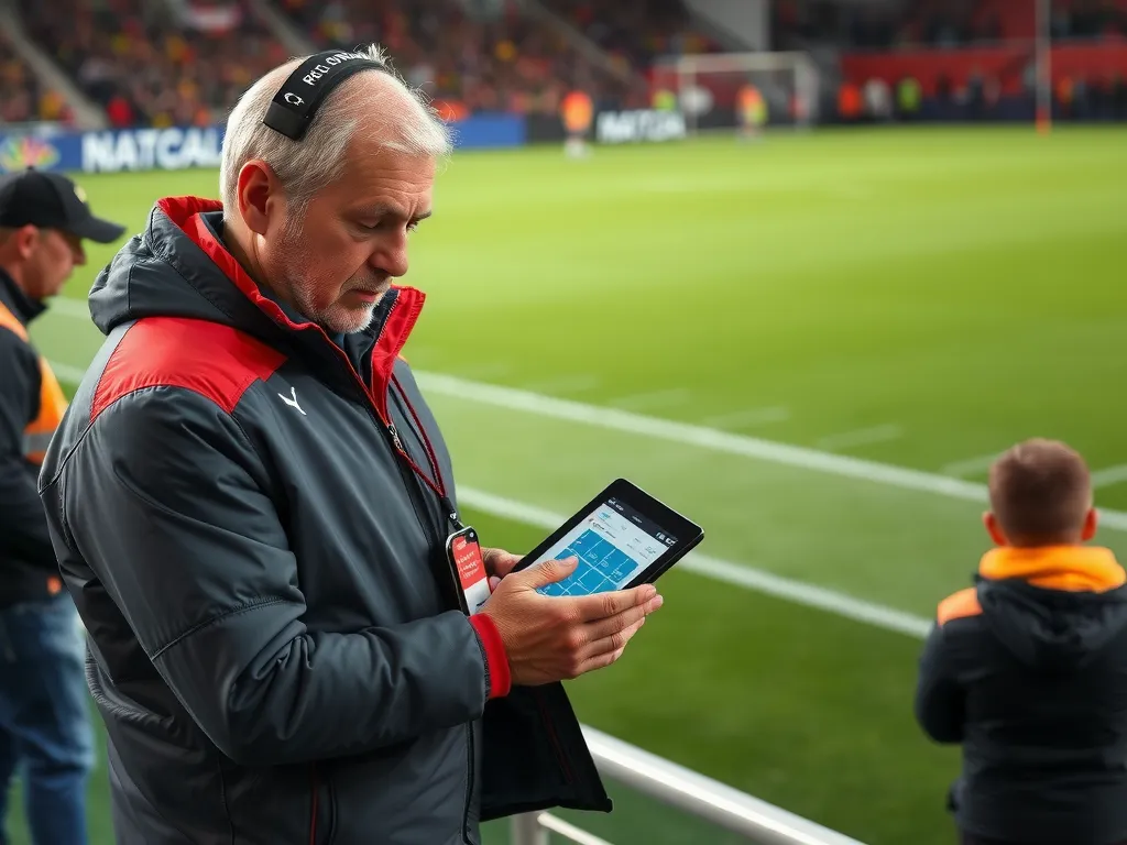 High quality image of a football coach using a digital tablet on the sidelines, analyzing match data in real-time.