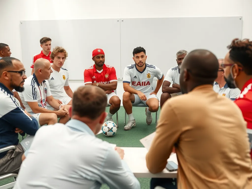 Picture of a diverse group of international football coaches in a meeting, sharing strategies and discussing tactics.