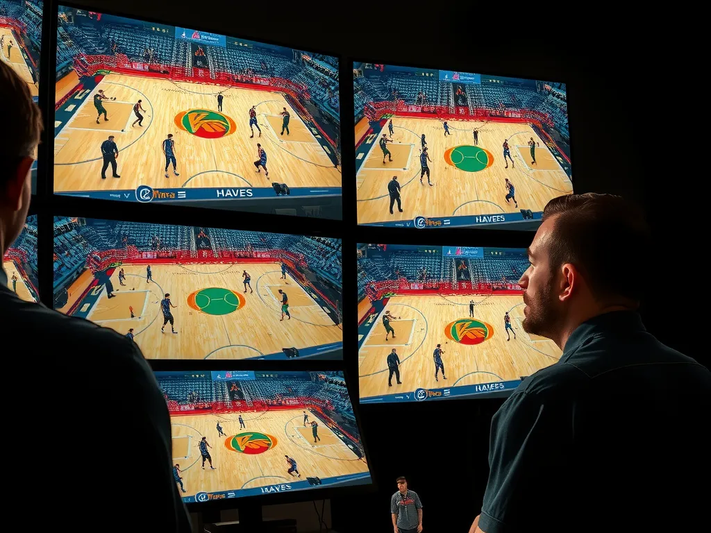 Close-up of tactical video analysis session for basketball, displaying play patterns and strategies on multiple screens, realistic lighting and professional setup.