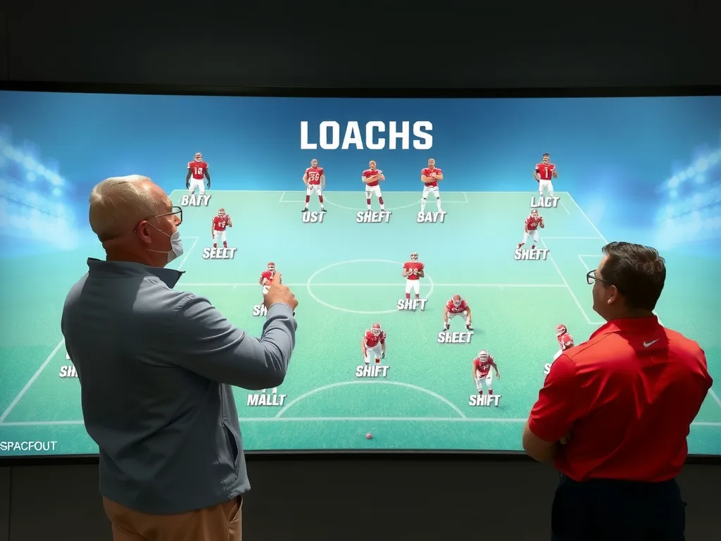Coaches analyzing football player formations on a digital board, showing detailed positioning and formation shifts, high-tech, sleek and modern.