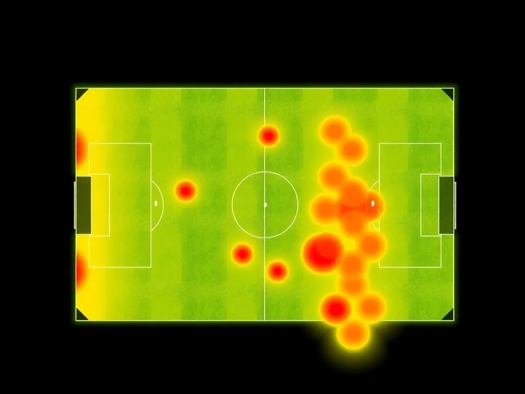 Detailed heat map of a football field, showing player movement and activity zones during a match, vibrant colors, clear and professional style.
