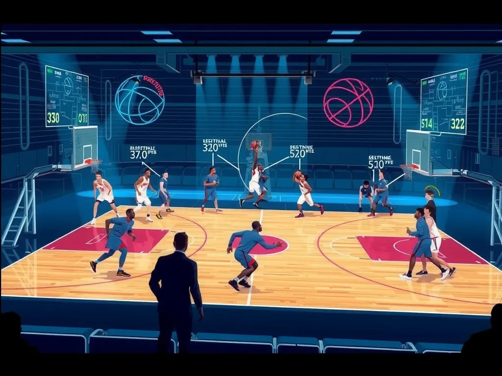 Illustration of basketball tactics using digital software to simulate game scenarios, showing player positioning and strategic maneuvers, futuristic and high-tech environment.