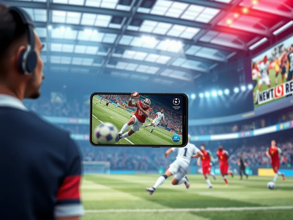 AI-powered content delivery systems distributing real-time sports highlights to diverse devices, with vibrant displays of sports moments and dynamic interaction, photorealistic, professional