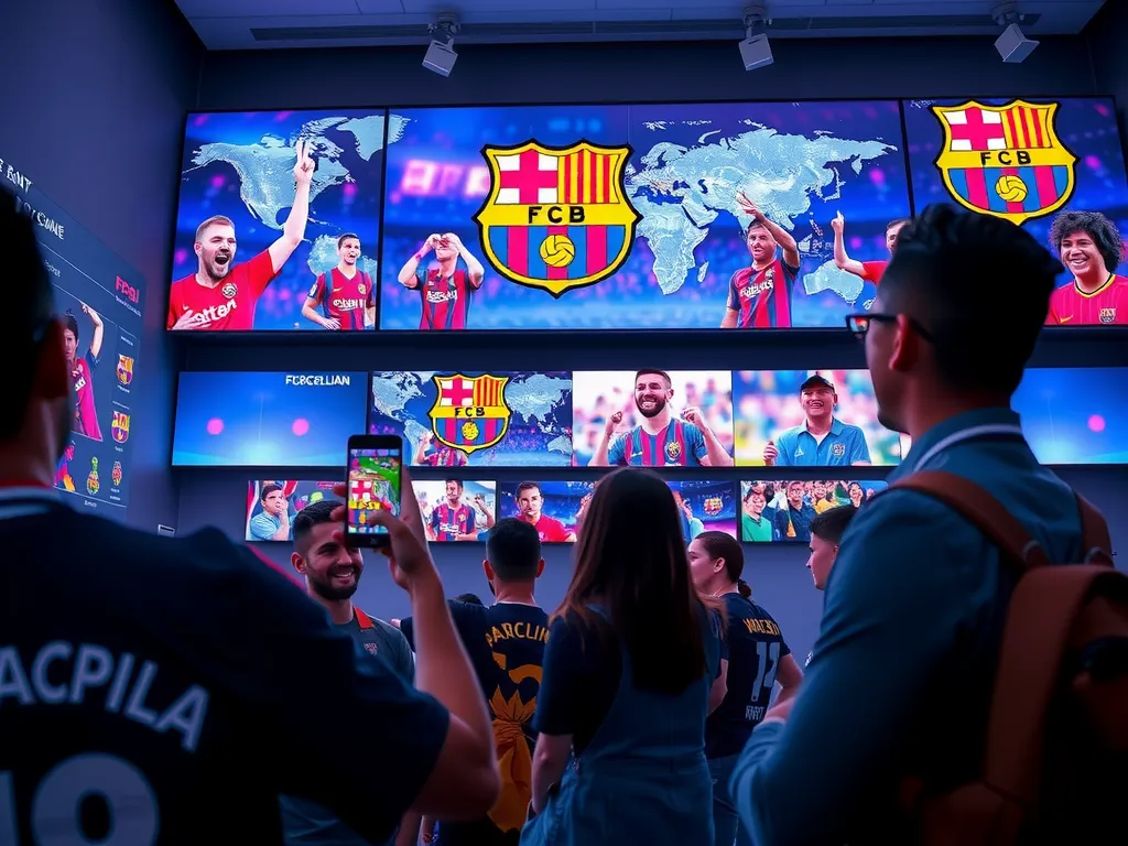 FC Barcelona fans engaging with AI-driven interactive displays, showing diverse global supporters receiving personalized content, photorealistic, professional