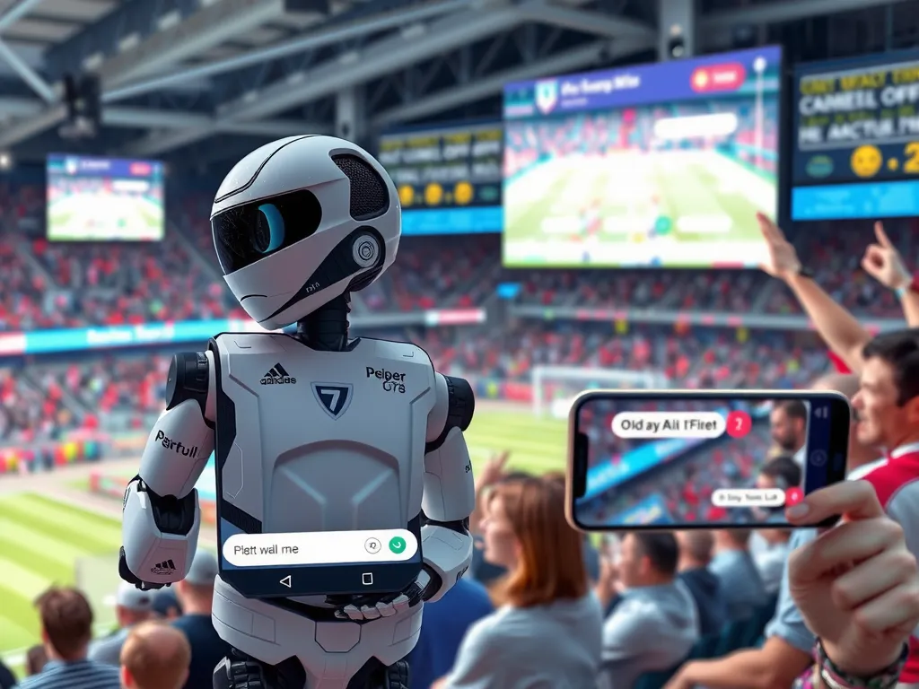 AI chatbot interacting with sports fans, appearing on smartphones and large screens, set in a lively sports arena environment, modern, high quality