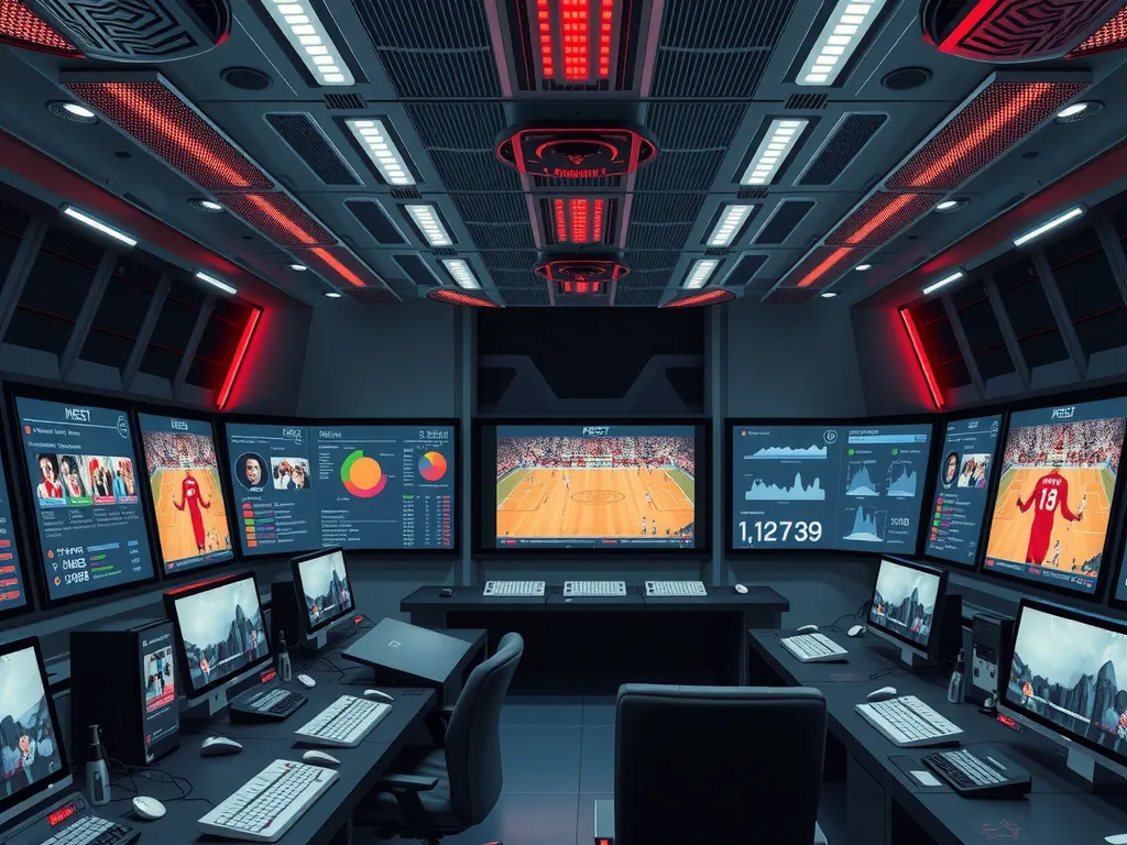 A futuristic control center monitoring real-time fan engagement through AI analytics, with data visualization screens showing fan preferences and behavior in sports contexts, photorealistic, high quality