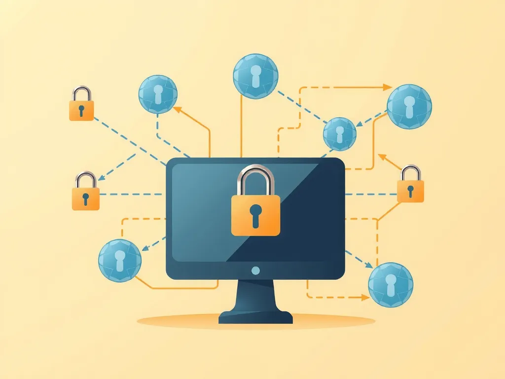 Illustration of data privacy protection in AI systems, featuring secure data environments and encryption, photorealistic, clean, modern