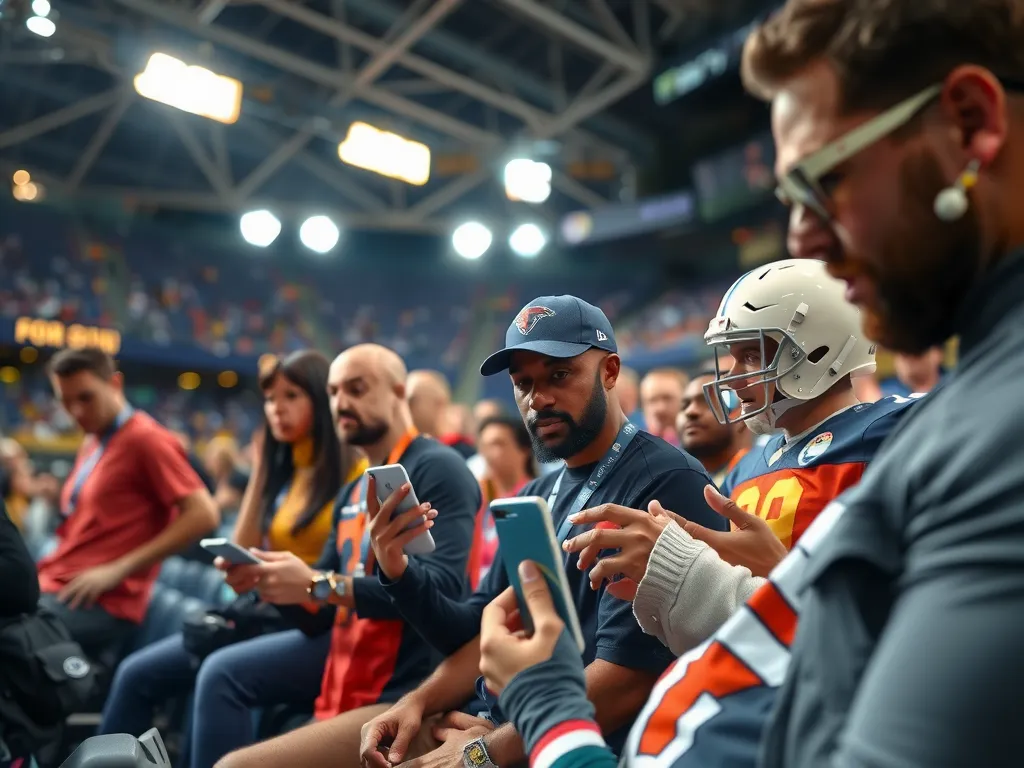 Personalized fan experience in a stadium, featuring a diverse group of fans interacting with customized digital content on mobile devices, showcasing augmented reality enhancements, high quality, modern, bright colors