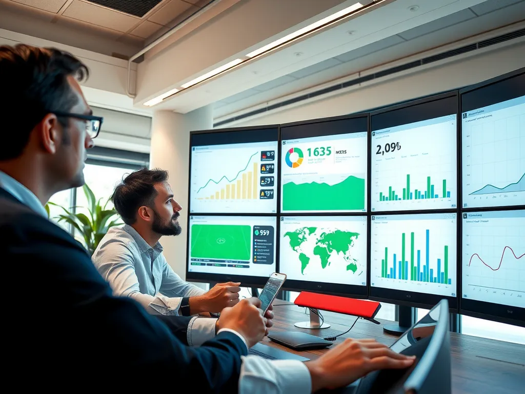 Sports club analyzing fan engagement data in a modern office setting, professionals focused on digital dashboards showing trends and predictive models, modern, high quality
