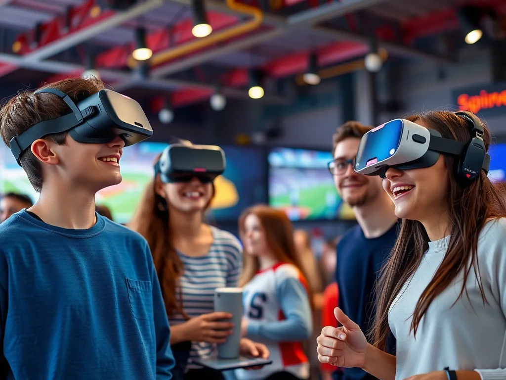 Young family and sports fans viewing AI-infused sports content, surrounded by interactive virtual reality setups, high quality, vibrant, engaging