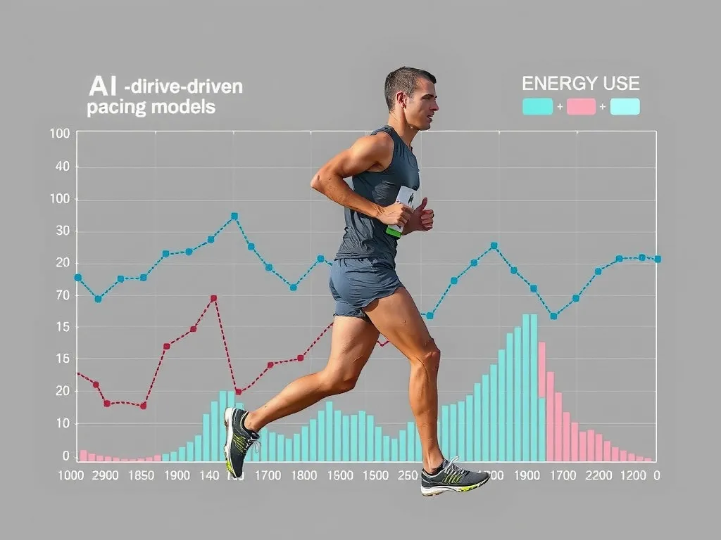 An athlete running with a digital overlay of AI-derived pacing models, illustrating how AI guides energy use in endurance sports.