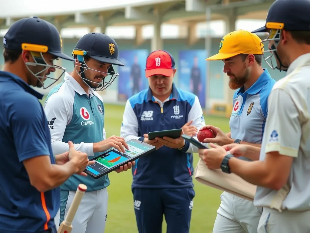 Cricket players and coaches analyzing AI-generated simulation models on tablets, discussing strategies based on predictive analytics for match outcomes.