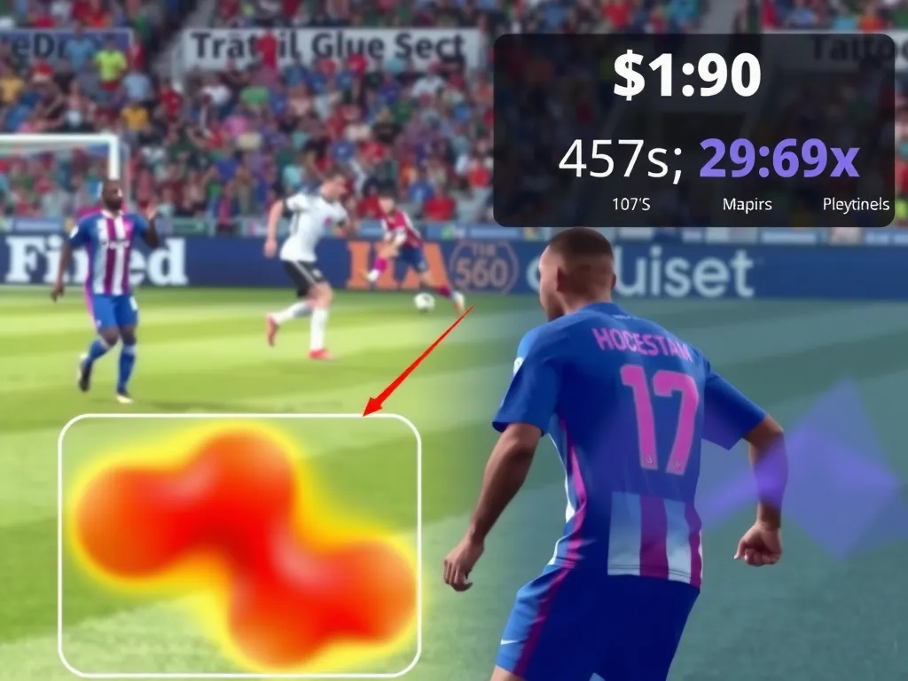 A dynamic scene of a soccer match with AI-generated player statistics and heat maps overlay, showing how AI predicts movement and improves game strategies.