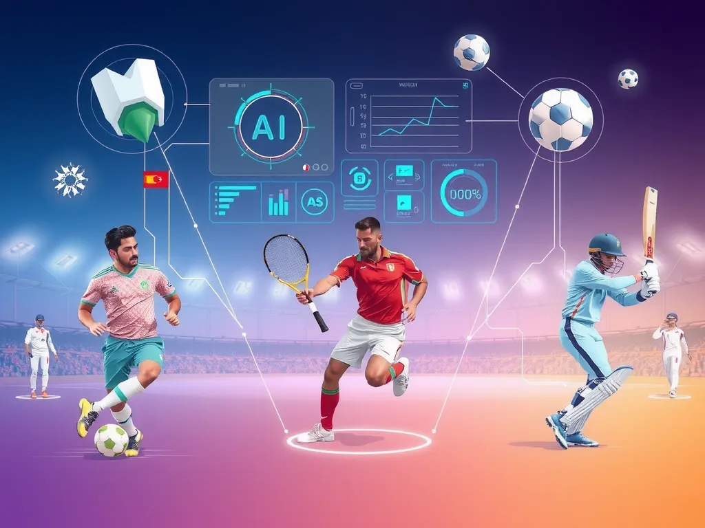 A futuristic illustration depicting AI integration in multiple sports, showing elements of soccer, tennis, and cricket. Include visuals like digital interfaces, holograms, and athletes using wearable technology, emphasizing innovation and diversity in sports.