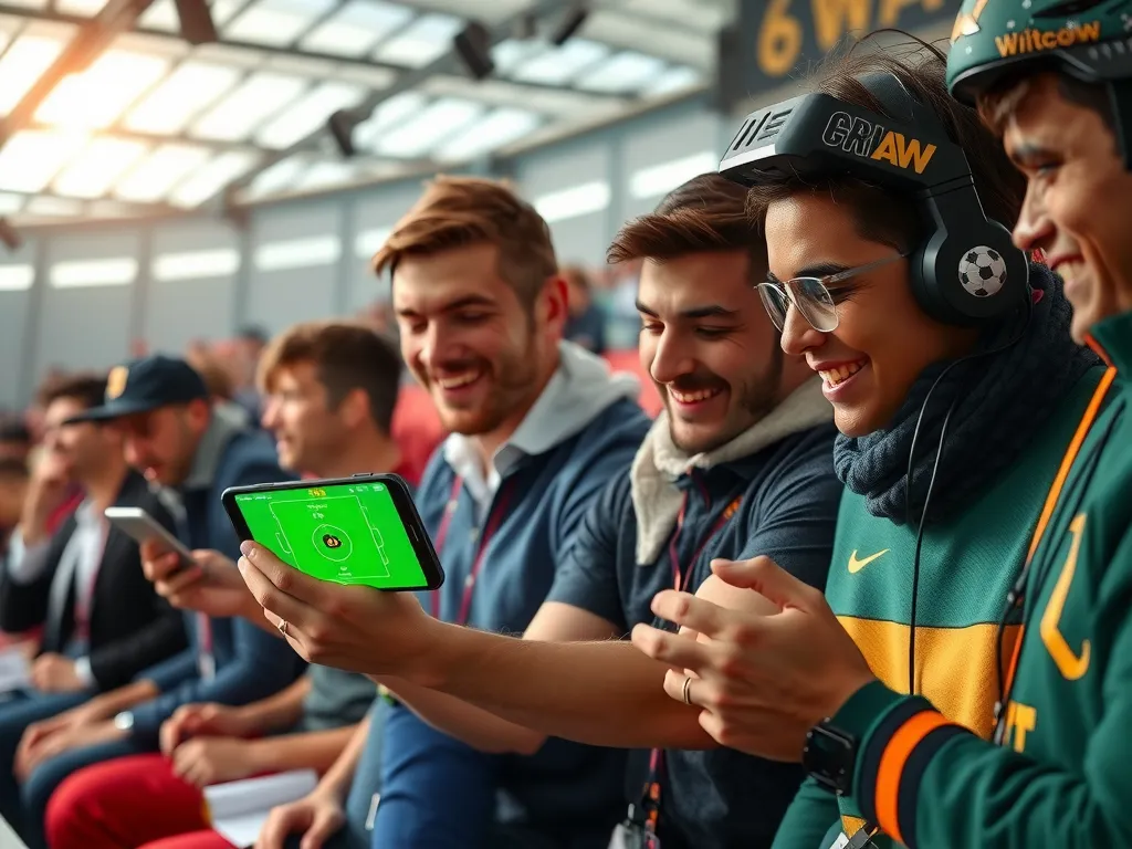 A group of sports fans interacting with AI-driven apps showing real-time match statistics and interactive features, enhancing fan engagement.