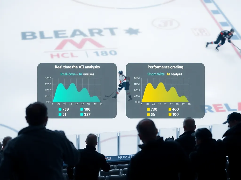 An ice hockey game with a split-screen view showing real-time AI analysis and performance grading to adjust strategies during short shifts.
