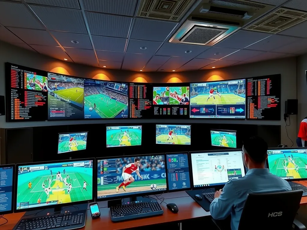 A scene showing a busy sports control center where multiple screens display AI analytics for various sports, highlighting global AI application reach.