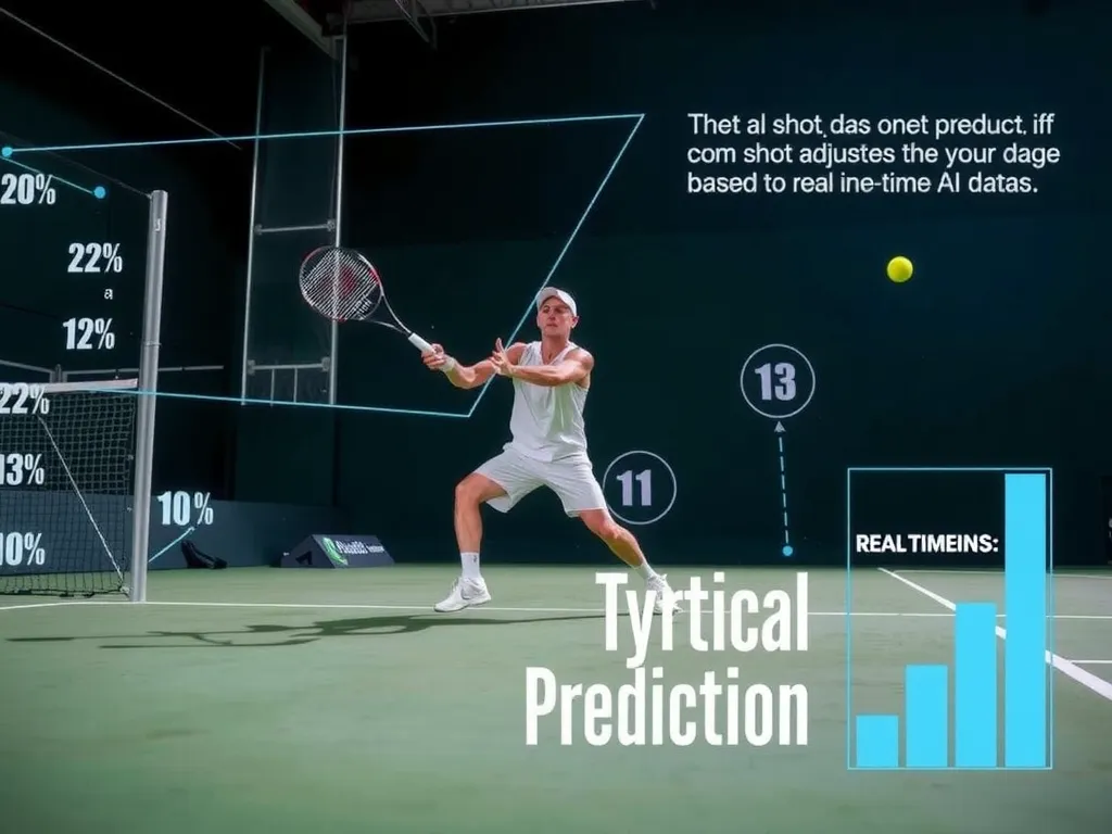 Tennis player mid-action, surrounded by virtual analytics of shot predictions, indicating tactical adjustments based on real-time AI data.