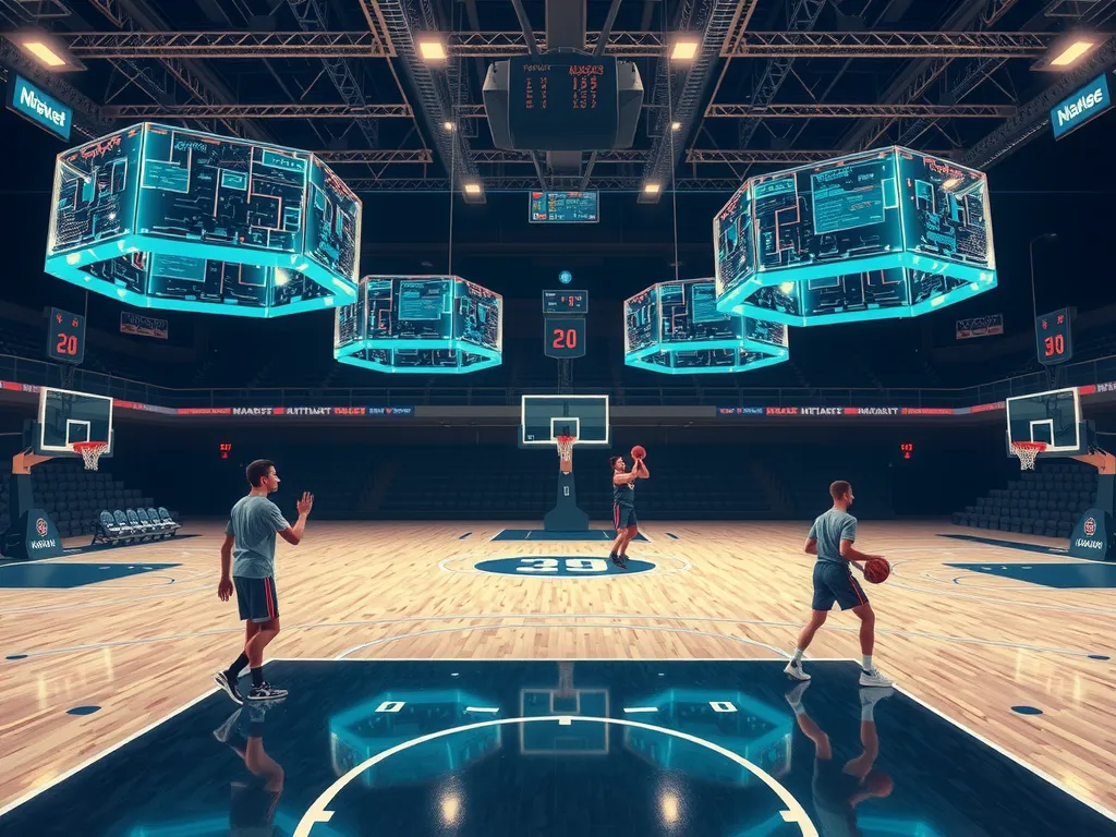 A high-tech basketball court with players interacting with AI holographic interfaces, futuristic elements showing AI analysis, photorealistic, professional lighting, dynamic atmosphere