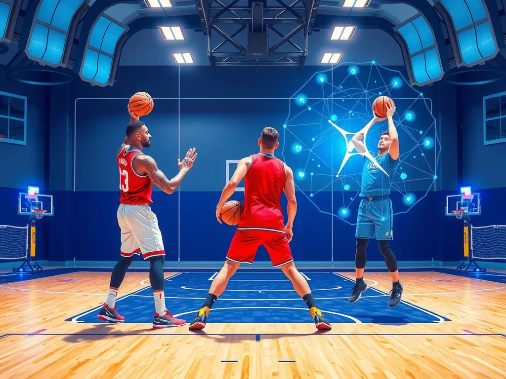 Virtual training environment for basketball players using AI, showing digital twins and holographic coaching insights, futuristic, vivid colors