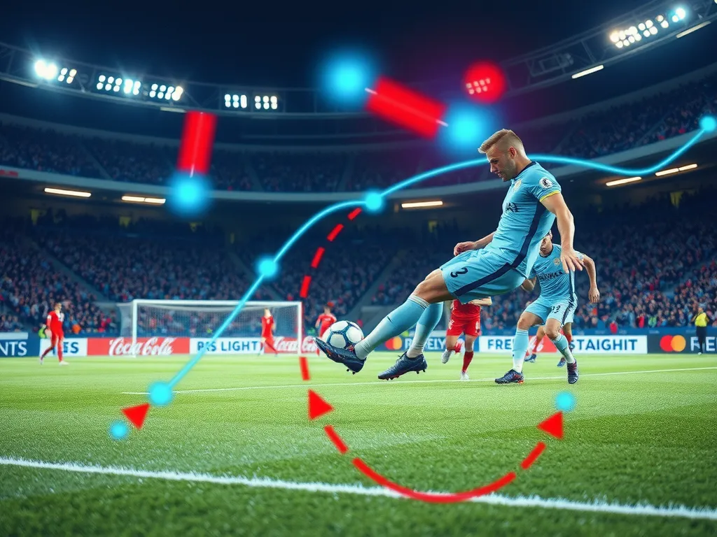 Computer vision technology analyzing football player movements on the pitch, advanced data visualization, high-tech football scouting