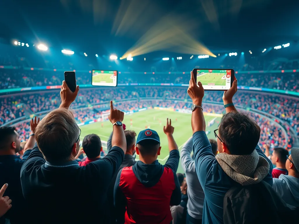 Fans engaging with interactive AI-powered applications during a football match, vibrant stadium atmosphere, digital fan experience