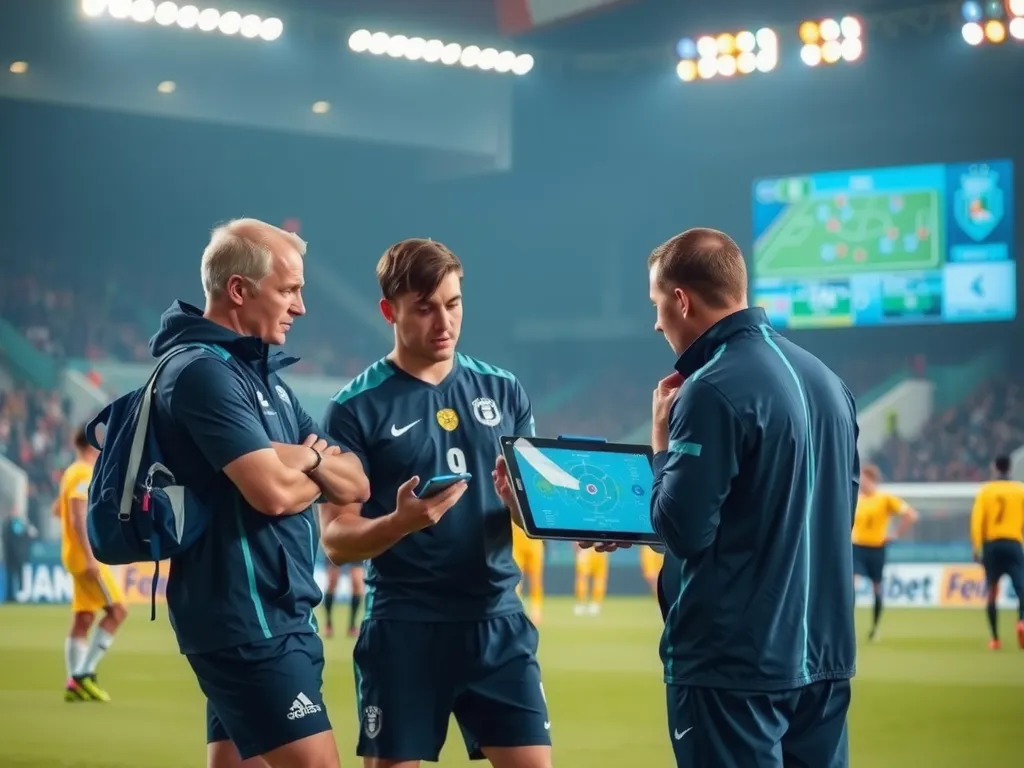 Football coaching staff using AI analytics on tablets and screens during a match, professional lighting, team strategizing in real-time