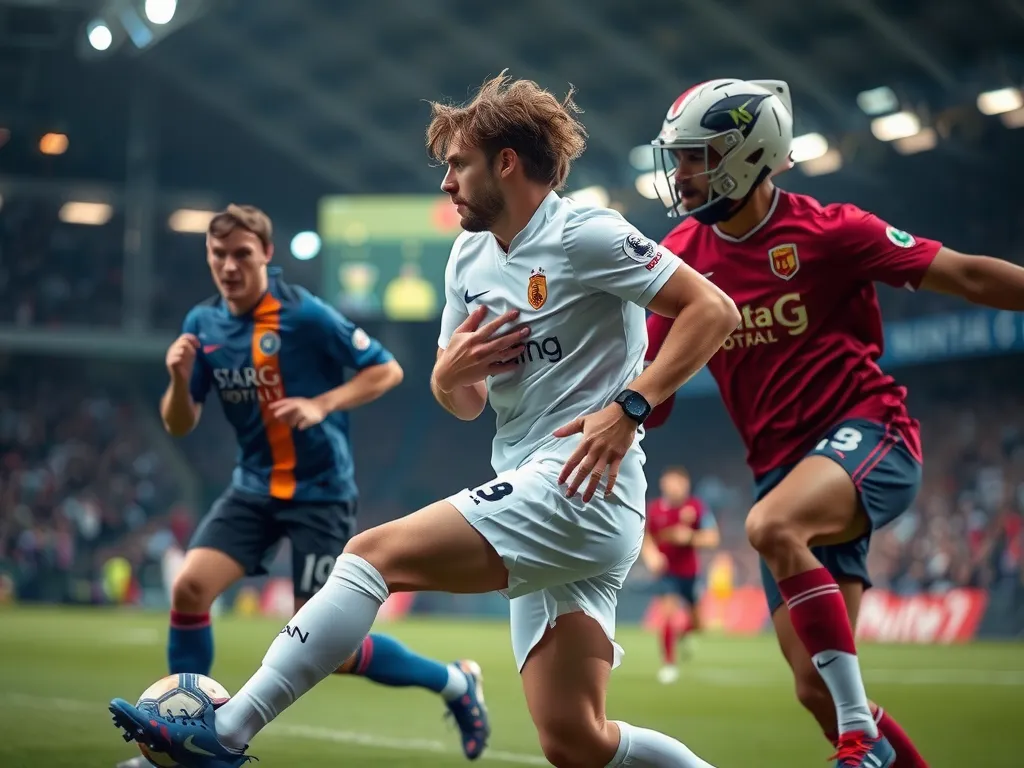 Wearable technology and sensors used by football players during a match, innovative sports equipment in action