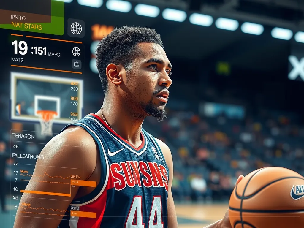 AI-powered scouting analysis of a basketball player, showcasing biometric data and performance stats on a futuristic interface, high-tech, detailed