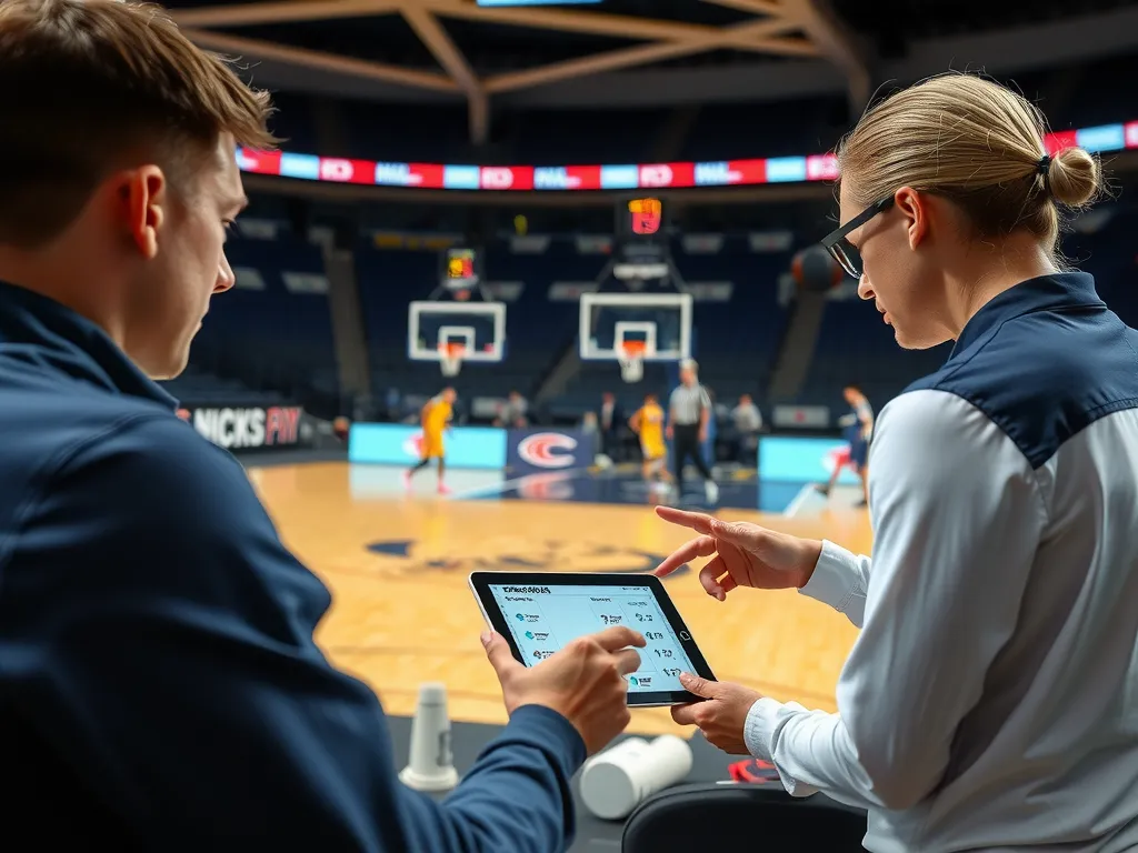 Coaching team using AI-driven analytics on a tablet during a basketball game, focused on player substitution and formation changes, photorealistic, high-tech sports environment