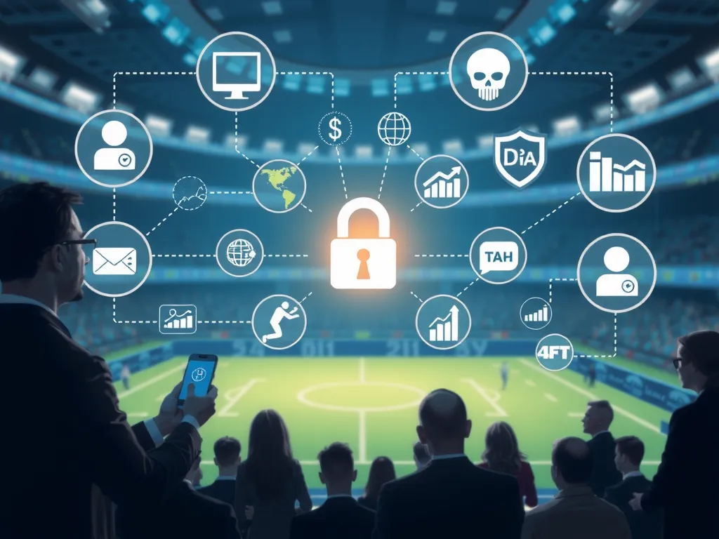 Ethical data management in sports AI, illustrating digital privacy symbols and secure data sharing among sports professionals, modern and ethical representation
