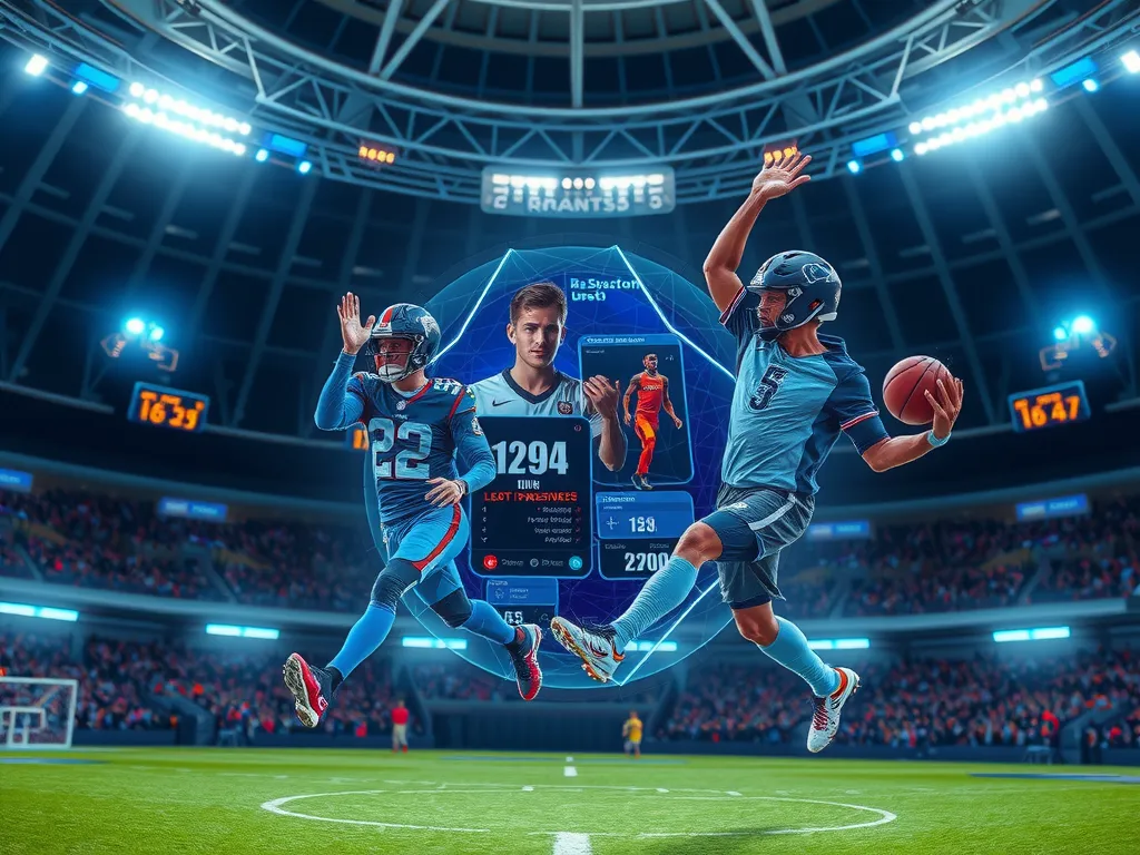 A futuristic sports setting showing holographic displays of football and basketball players, glowing data charts and AI interfaces, photorealistic, high-quality lights