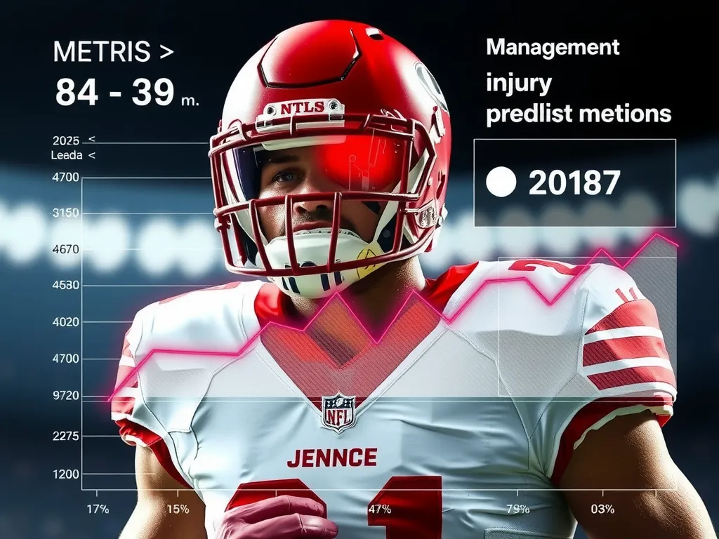 Detailed illustration of a football player with digital metrics overlay, showing injury prediction and management data, professional photography style