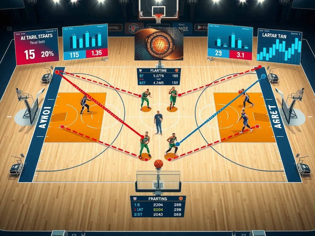 Real-time sports analysis setup with AI algorithms interacting with a basketball court showing tactical formations and player performance metrics, detailed, modern visualization
