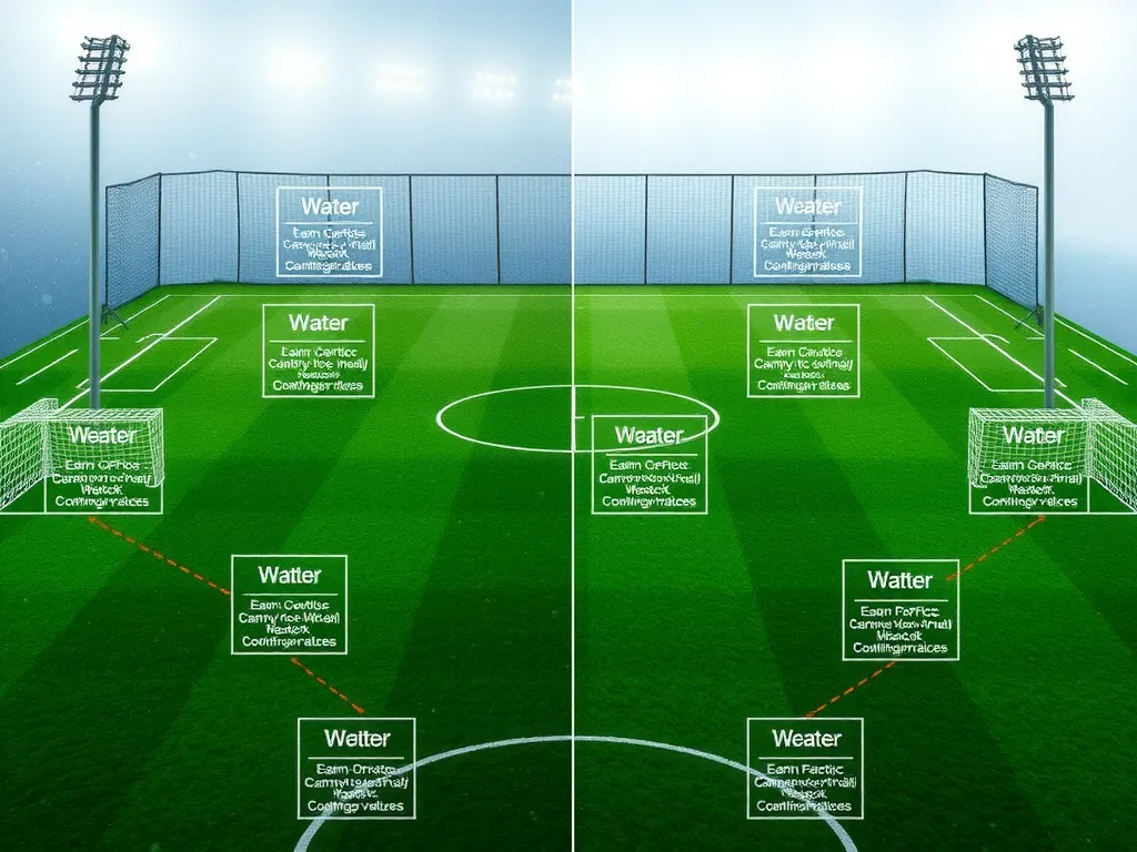Weather impact on football tactics, detailed image of a football field with changing weather conditions, photorealistic, showing AI-generated strategies