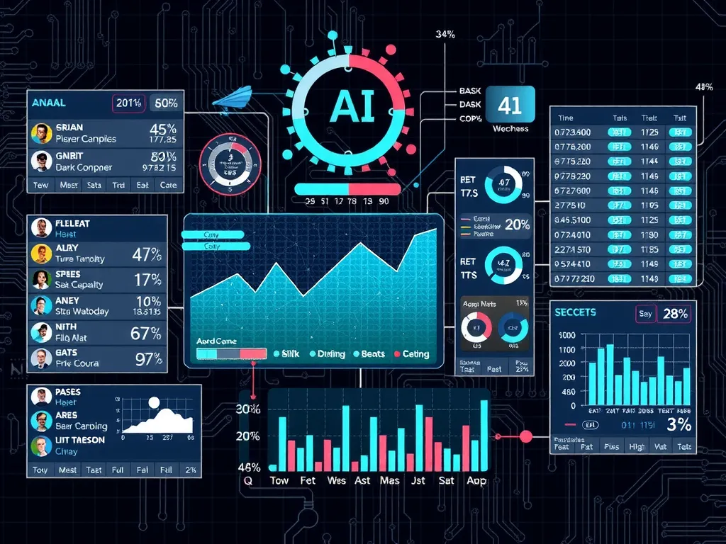 Complex data analytics scenario involving AI and machine learning processing a vast array of sports data, including player stats and weather conditions, detailed and dynamic, professional photography style