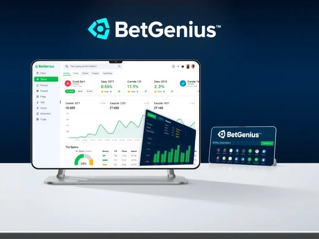 Corporate setting featuring betting platforms like BetGenius, showcasing an advanced AI dashboard with real-time data and predictions, polished and high-tech, clean background