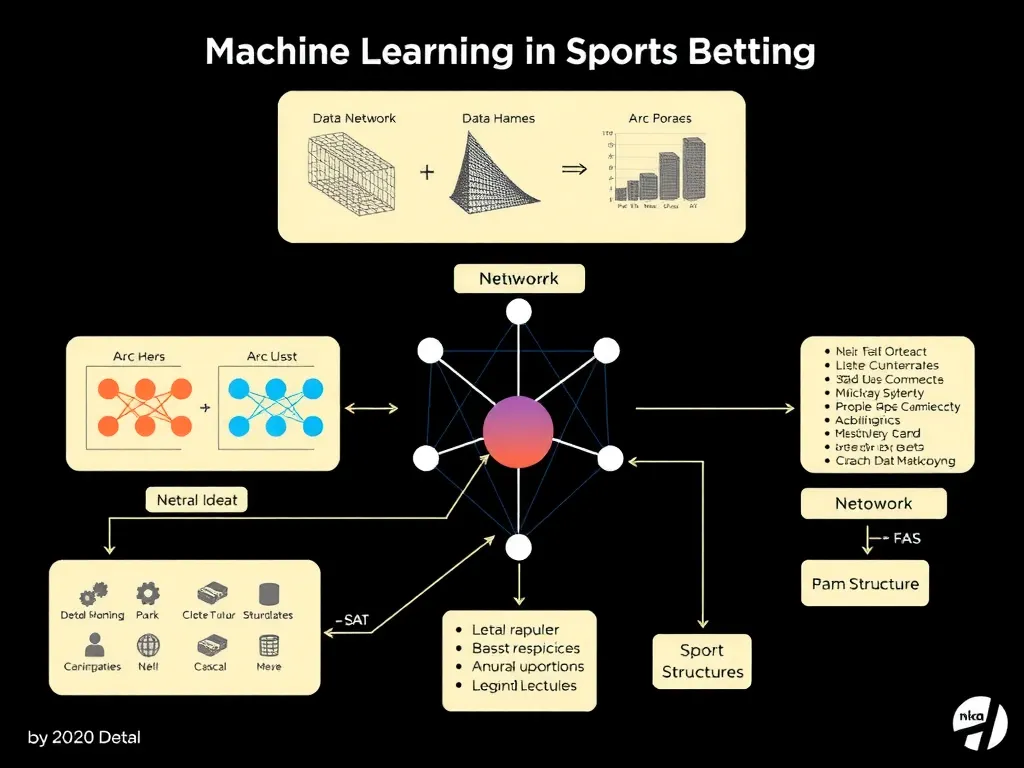 Visualization of machine learning algorithms in sports betting, depicting multiple models like neural networks and data structures, abstract but structured, detailed, modern style