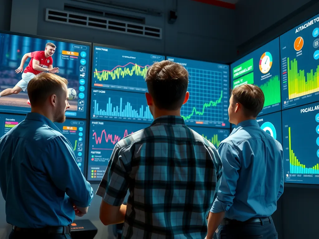AI data analysis in a sports management scenario, showing team staff engaging with large data screens on athlete performance, photorealistic, collaborative environment