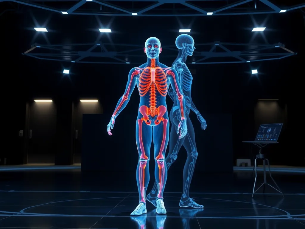 Digital twin simulation of an athlete, showing biomechanics and movement analysis in a virtual environment, high technology visualization