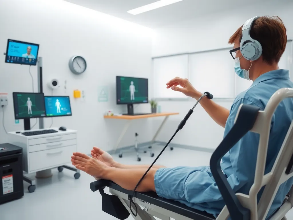 Personalized rehabilitation setup using AI, with advanced sensors and digital feedback systems, in a modern clinic, photorealistic