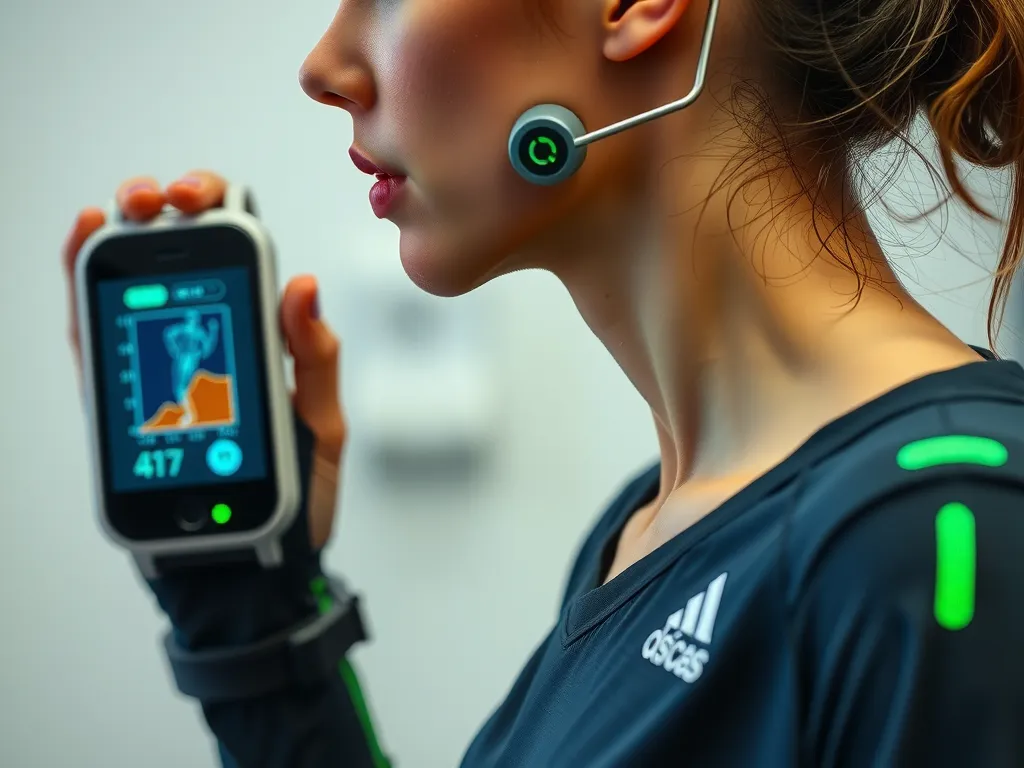 High tech wearable devices for athletes with AI data visualization, showing biomechanical analysis in action, photorealistic, close-up shot