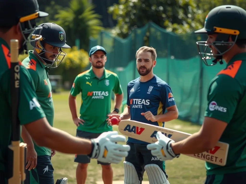 Cricket players in training using AI tools for analysis, outdoor setting, natural light, capturing intense focus and teamwork
