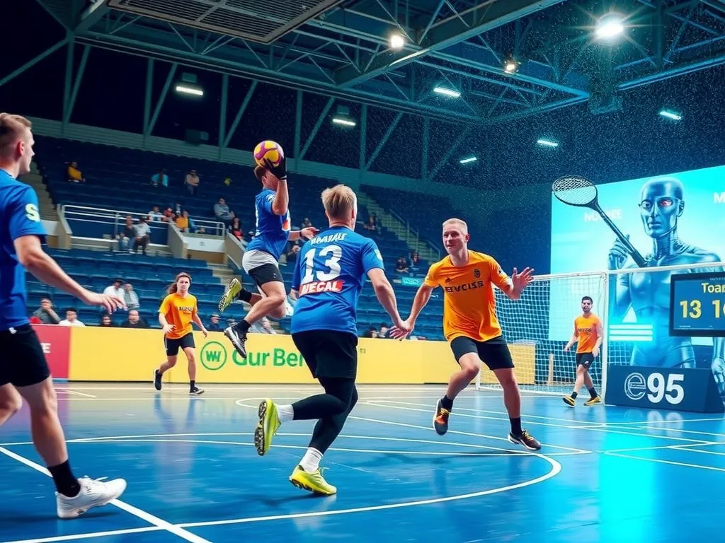 Handball match scene with AI analytics being utilized for performance improvement, fast-paced movement and excitement, sports action photography style