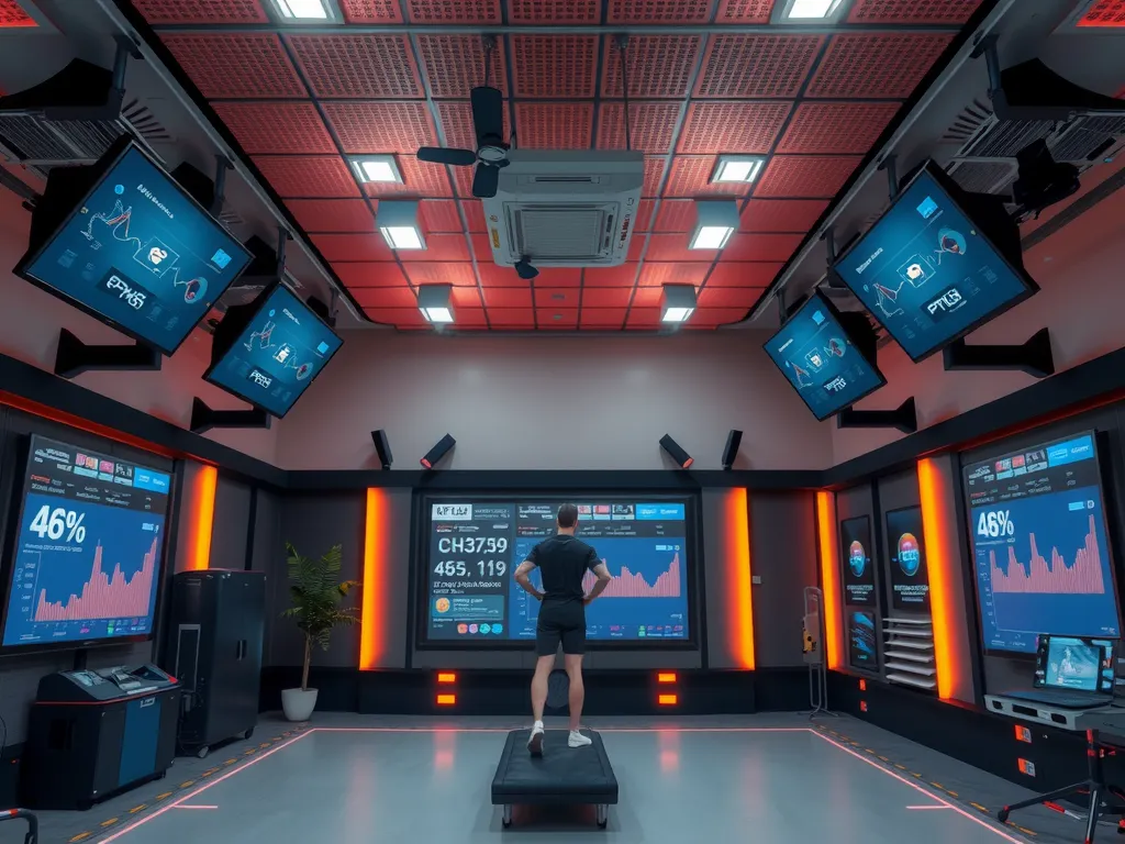 High-tech training facility with AI equipment for tracking athletic performance, detailed, modern design, clean background, showing sensors and analytics on screens